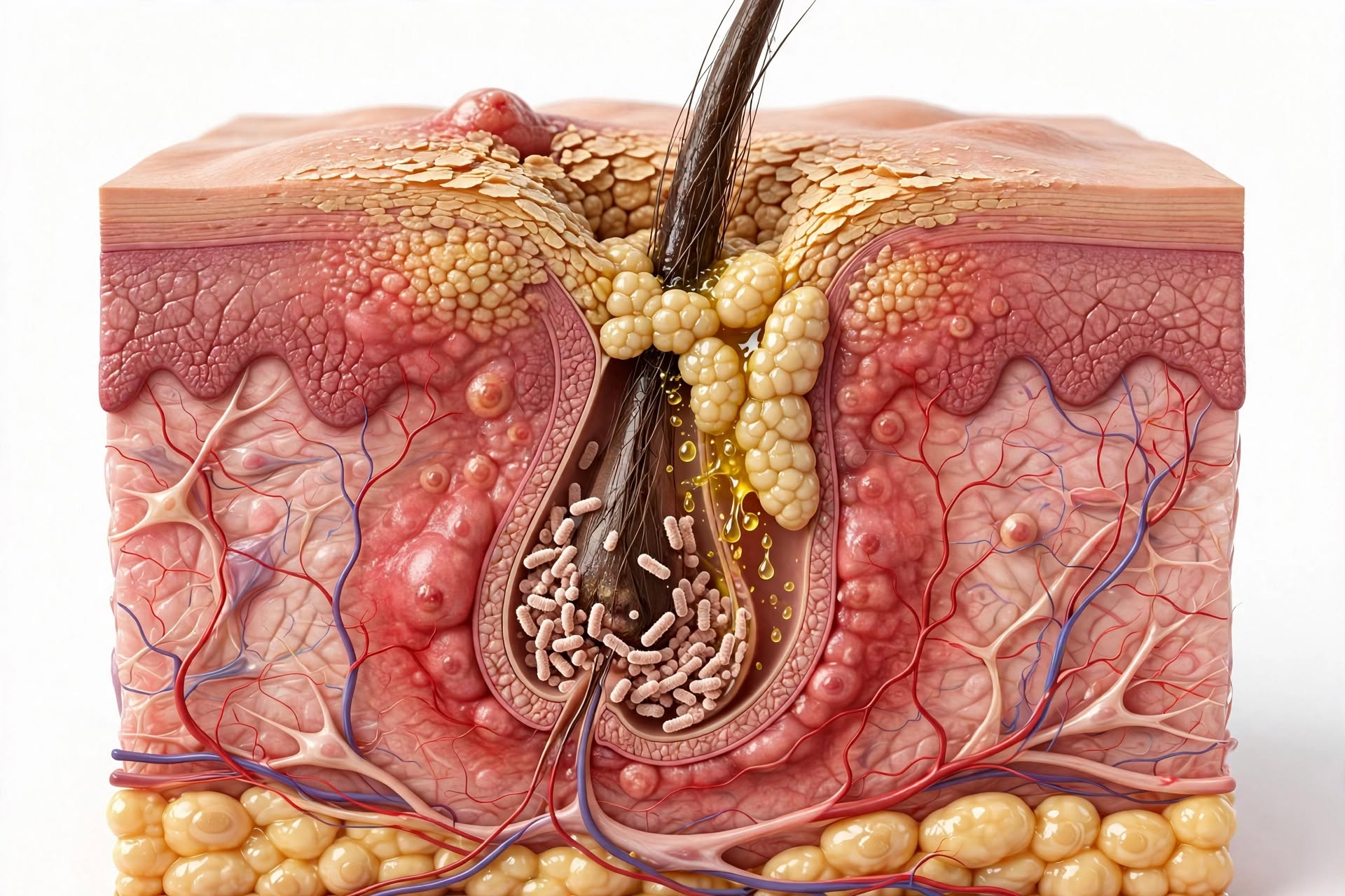 Illustration of a blocked, inflamed hair follicle beneath the skin surface