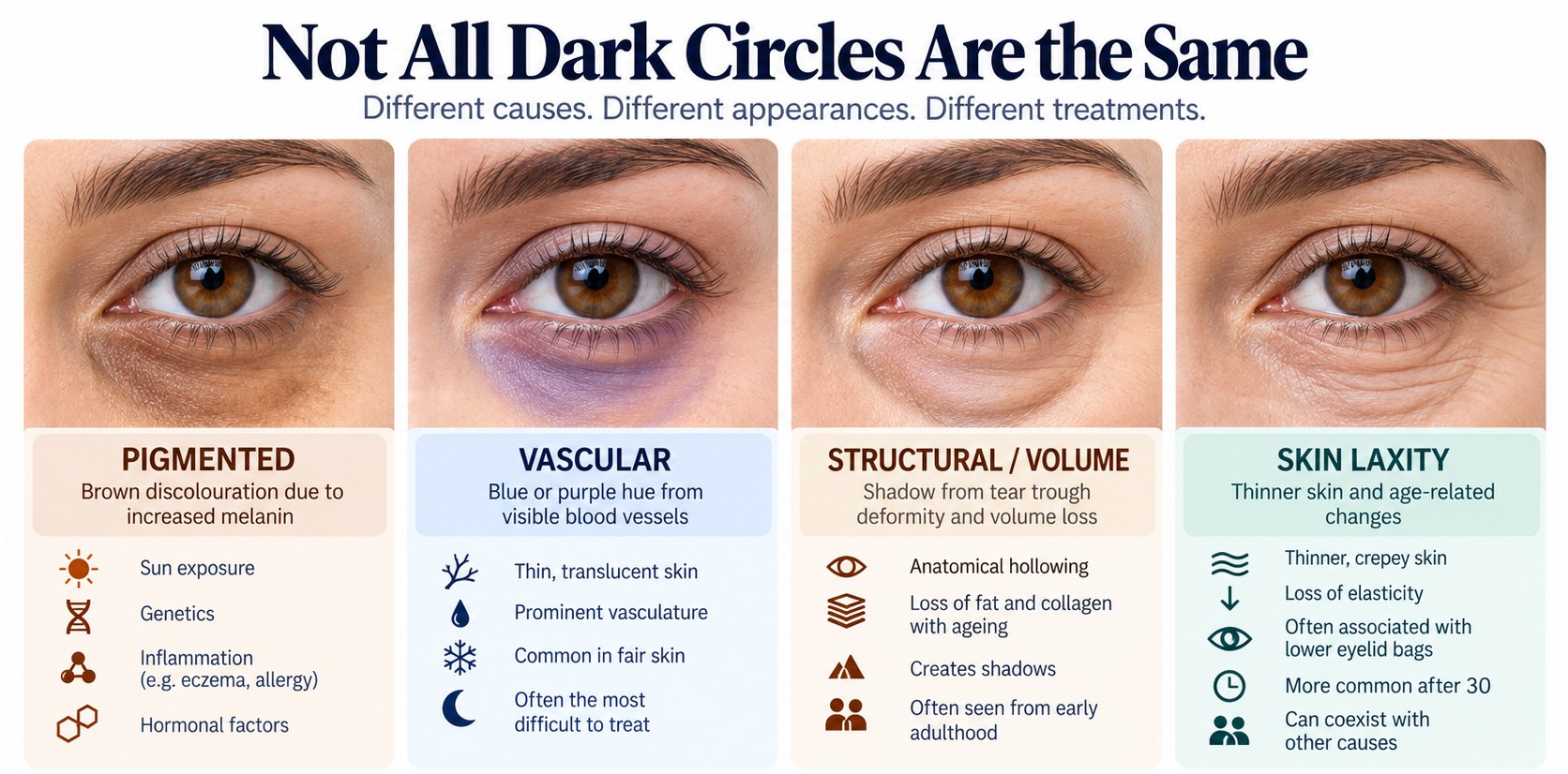Infographic comparing pigmented, vascular, structural and skin-laxity dark circles